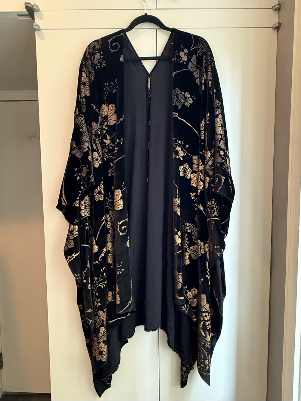 Black Silk Floral Kimono Cape with Gold Burnout